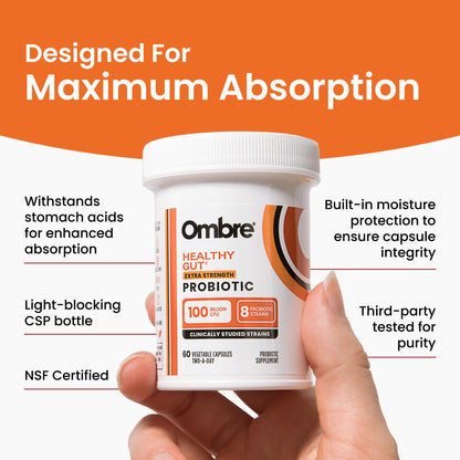 Ombre Healthy Gut Probiotics for Digestive Health 100 Billion CFU - Prebiotics and Probiotics for Women & Men with Lactobacillus Acidophilus & Digestive Enzymes, Gut Health Support, Vegan, 30 Servings