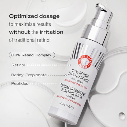 First Aid Beauty - 0.3% Retinol Complex Serum with Peptides, Designed for Sensitive Skin, Helps Visibly Improve Lines and Wrinkles with Less Irritation than Traditional Retinol, Non-Comedogenic, 1 oz