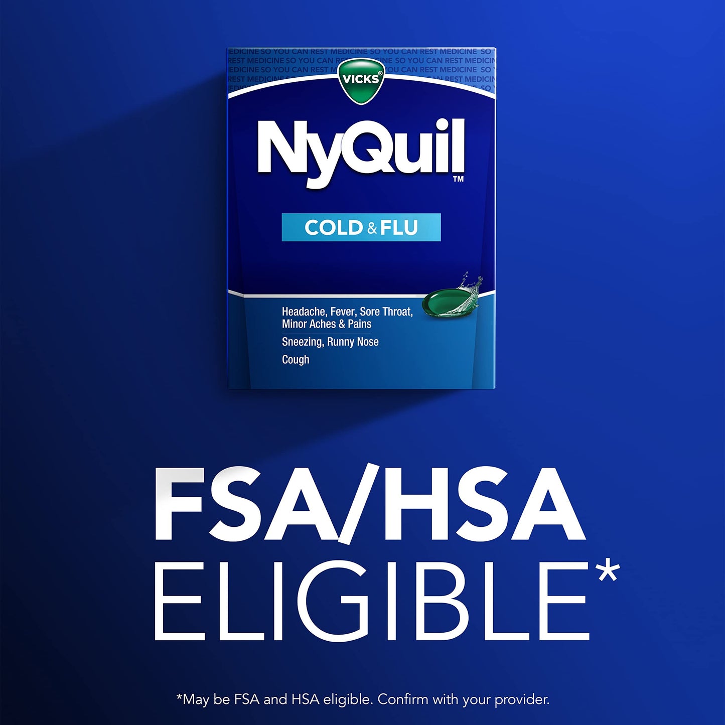 Vicks NyQuil Cold & Flu Relief Over-the-Counter Medicine, Powerful Multi-Symptom Nighttime Relief for Headache, Fever, Sore Throat, Minor Aches and Pains, Sneezing, Runny Nose, and Cough, 24 Liquicaps