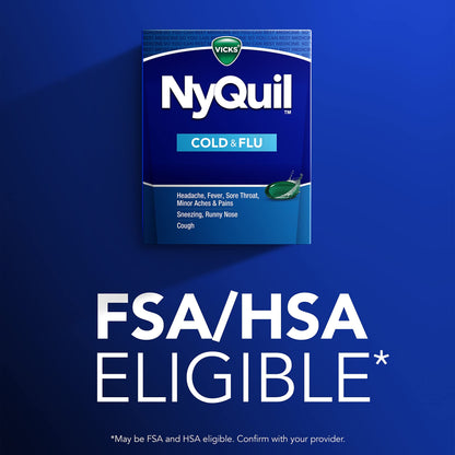 Vicks NyQuil Cold & Flu Relief Over-the-Counter Medicine, Powerful Multi-Symptom Nighttime Relief for Headache, Fever, Sore Throat, Minor Aches and Pains, Sneezing, Runny Nose, and Cough, 24 Liquicaps