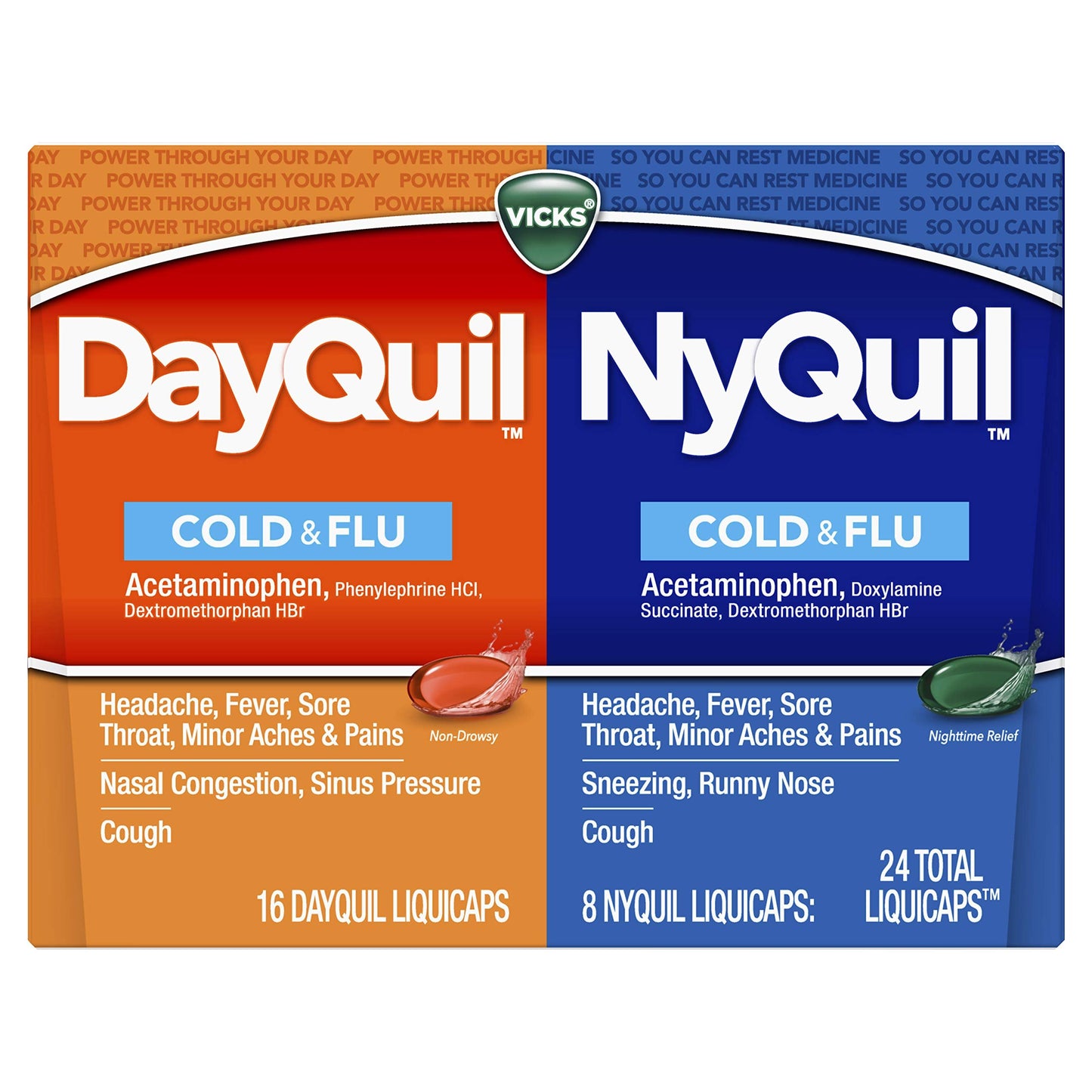 Vicks DayQuil and NyQuil Combo Pack, Cold & Flu Medicine, Powerful Multi-Symptom Daytime and Nighttime Relief for Headache, Fever, Sore Throat, Cough, 24 Count, 16 DayQuil, 8 NyQuil Liquicaps