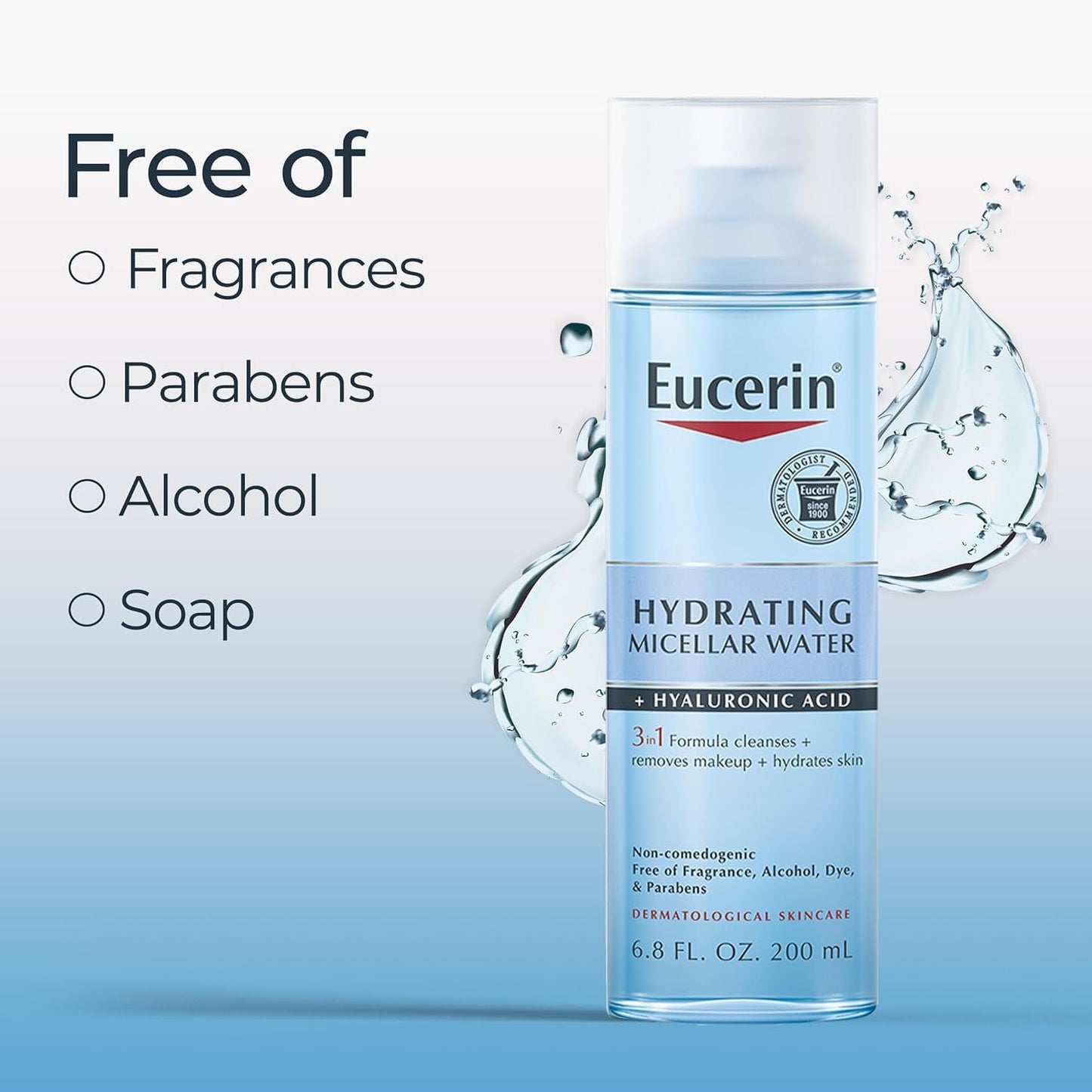 Eucerin Hydrating 3-in-1 Micellar Water, Formulated with Hyaluronic Acid, 6.8 Fl Oz Bottle