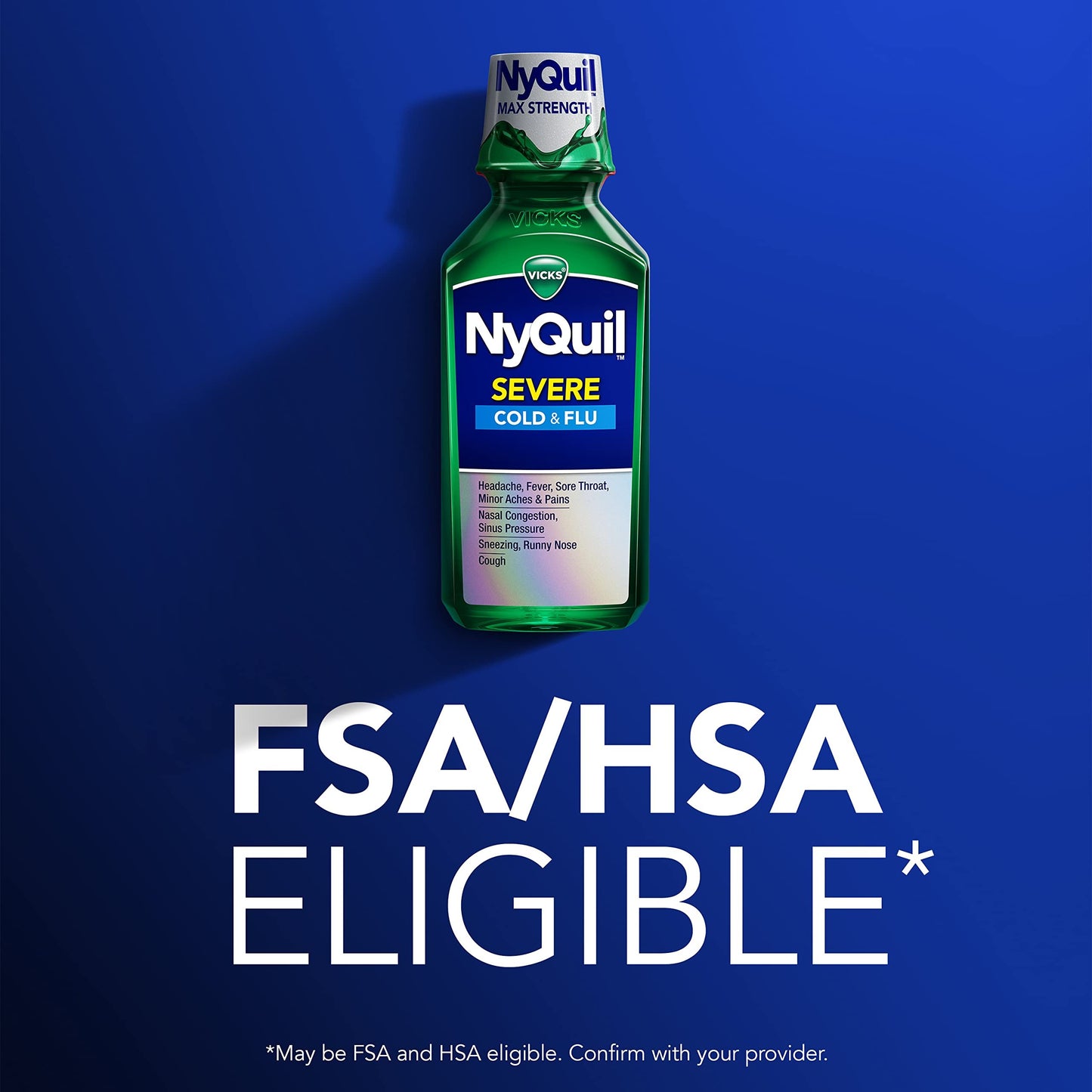 Vicks NyQuil Severe Cold and Flu Relief Liquid Medicine, Maximum Strength, 9-Symptom Nighttime Relief for Headache, Fever, Sore Throat, Nasal Congestion, Sinus Pressure, Runny Nose, Cough, 8 FL OZ