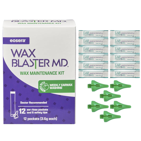 eosera® Wax Blaster MD® Refill Pack - 12 Ear Clean MD® Packets & 6 Wax Blaster MD® Safety Tips - Gentle Ear Wax Removal Solution - Weekly Ear Cleaning & Moisturizing System