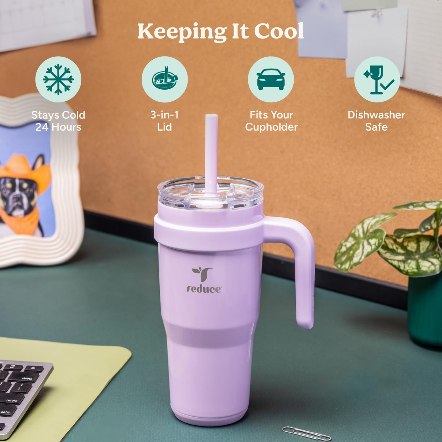 REDUCE Stainless Steel Tumbler with Handle - Dual-Wall Vacuum Insulated Travel Mug, Sweat-Proof Lid & Reusable Straw - Keeps Drinks Cold for 24 Hrs, Fits Cupholders, Dishwasher Safe