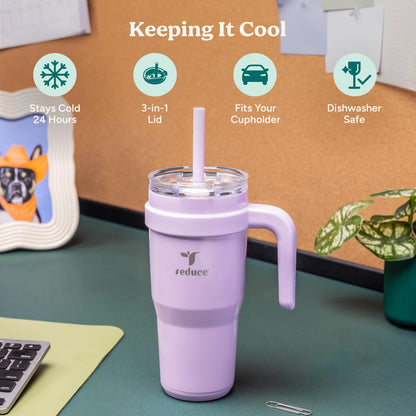 REDUCE Stainless Steel Tumbler with Handle - Dual-Wall Vacuum Insulated Travel Mug, Sweat-Proof Lid & Reusable Straw - Keeps Drinks Cold for 24 Hrs, Fits Cupholders, Dishwasher Safe