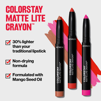 REVLON ColorStay Matte Lite Crayon Lipstick with Built-in Sharpener, Smudge