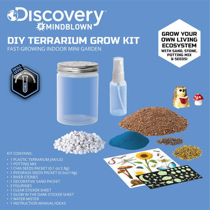 Discovery #MINDBLOWN DIY Terrarium Grow Kit, Fast-Growing Indoor Mini Garden, Create A Living Ecosystem, Includes Sand, Seeds, Potting Mix, Stones and More