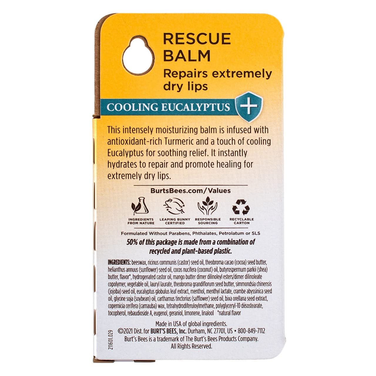 Burt Bees 100 percent Natural Origin Rescue Lip Balm with Antioxidant-Rich Turmeric Promotes Healing of Extremely Dry Lips Cooling Eucalyptus Bundle Tubes ounce 6