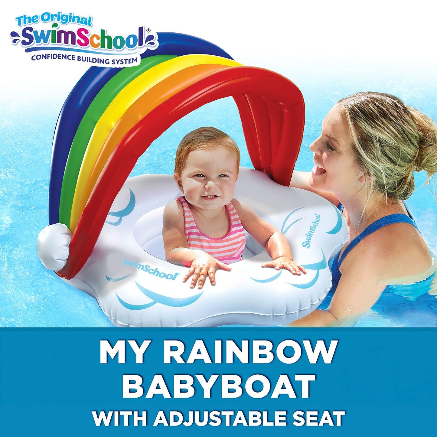 SwimSchool Rainbow Baby’s First Pool Float - 6-18 Months - Novelty Baby Boat with Adjustable Seat - Rainbow