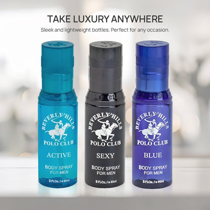 Beverly Hills Polo Club Men's Body Spray Collection Gift Set Featuring Luxury Designer Cologne Scents for Long Lasting Freshness BHPC 3 oz 3 Count