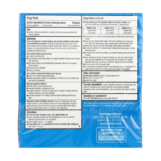 Rite Aid Nicotine Gum, Ice Mint Flavor, 4 mg - 100 Count | Quit Smoking Aid | Nicotine Replacement Gum | Stop Smoking Aids That Work | Chewing Gum to Help You Quit Smoking | Coated Nicotine Gum