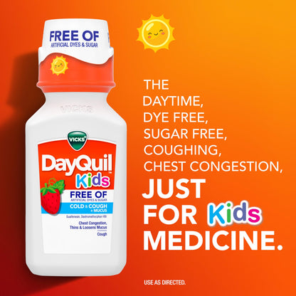 Vicks Kids DayQuil & NyQuil Cold & Cough Relief Liquid Co-Pack, Free of Artificial Dyes & Sugar, Multi-Symptom Relief of Cough, Sneezing, Runny Nose, Mucus, and Chest Congestion, for Ages 6+, 2x6oz