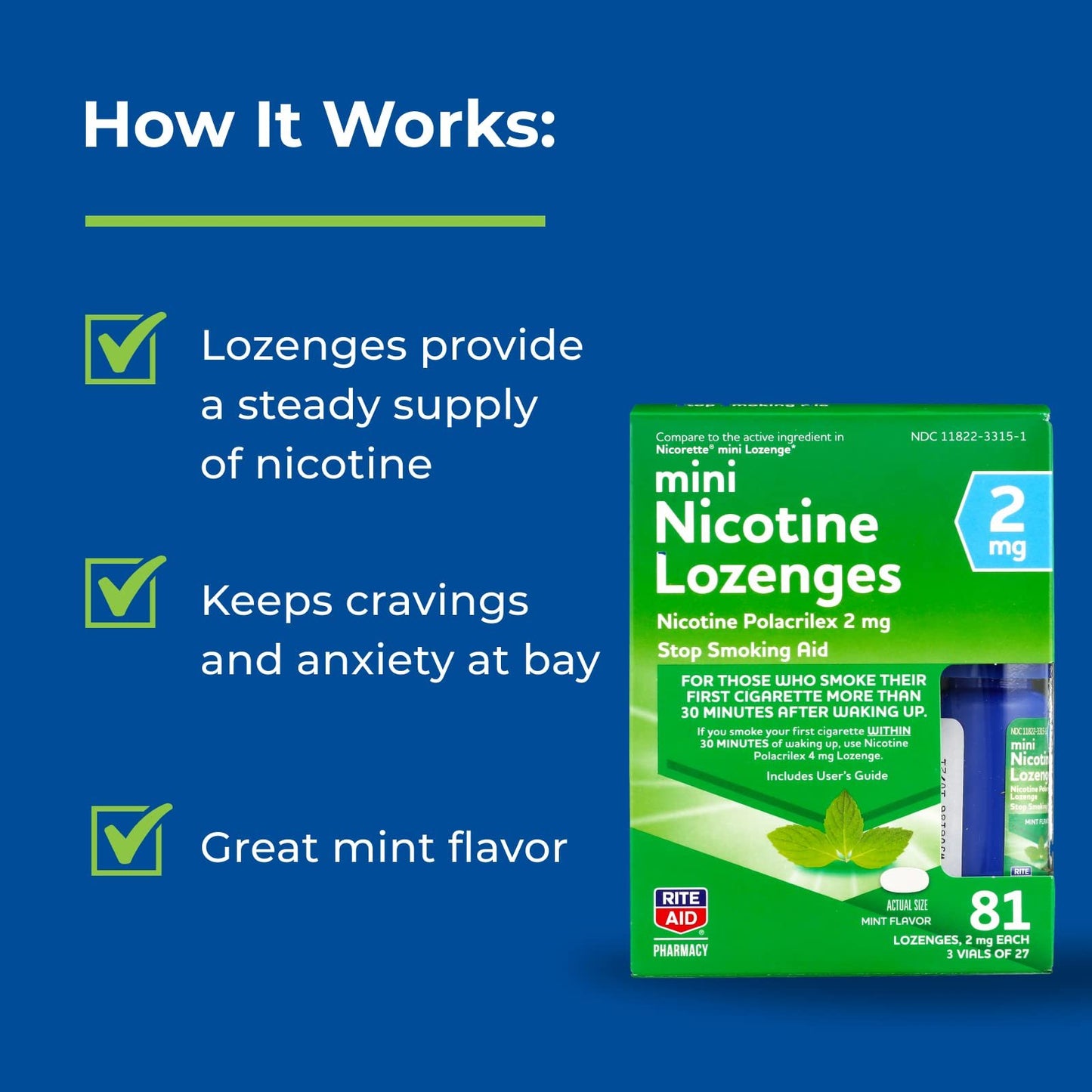 Rite Aid Nicotine Lozenges, 2mg - 81 Lozenges, Mint Flavor, Sugar Free Quit Smoking Products, Stop Smoking Aids That Work, Quit Smoking Aid