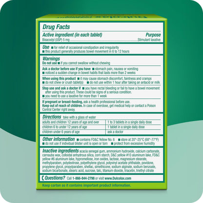Dulcolax Stimulant Laxative Tablets, Gentle Overnight Constipation Relief, Bisacodyl 5mg