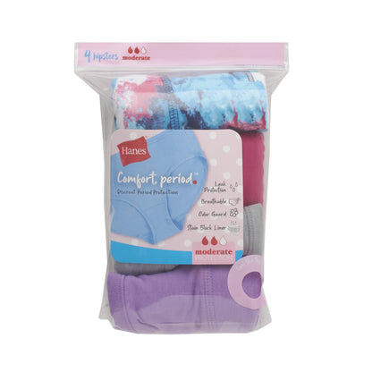 Hanes Girls' Comfort, Period. Boys'hort & Hipster Period Underwear, Moderate Protection, Multi-Pack