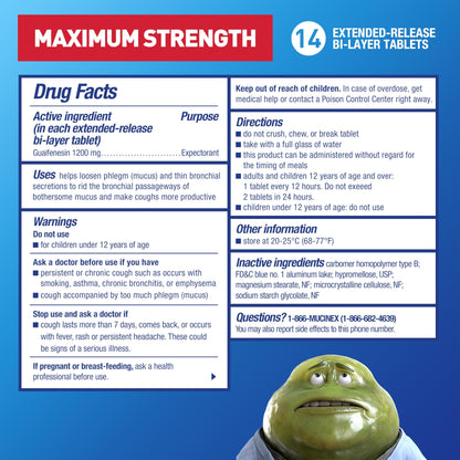 Chest Congestion, Mucinex Maximum Strength 12 Hour Release Tablets, 14ct, 1200 mg Guaifenesin with Extended Relief of Chest Congestion Caused by Excess Mucus, Thins and loosens Mucus