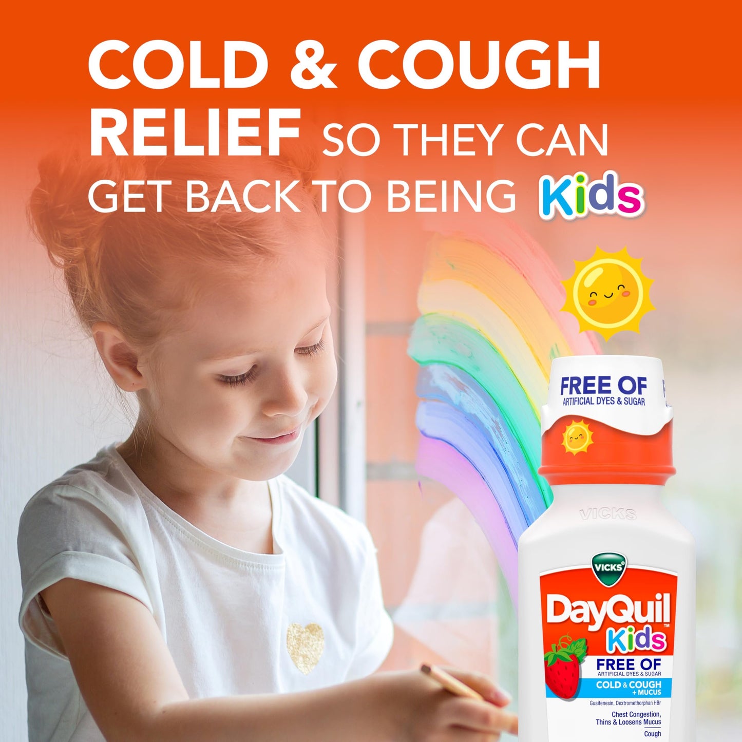 Vicks Kids DayQuil & NyQuil Cold & Cough Relief Liquid Co-Pack, Free of Artificial Dyes & Sugar, Multi-Symptom Relief of Cough, Sneezing, Runny Nose, Mucus, and Chest Congestion, for Ages 6+, 2x6oz