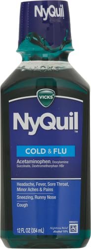 Vicks NyQuil, Nighttime Cold & Flu Symptom Relief, Relives Aches, Fever, Sore Throat, Sneezing, Runny Nose, Cough, 12 Fl Oz, Original Flavor