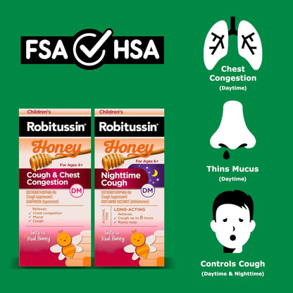 Robitussin Children’s Honey Cough and Chest Congestion DM and Children's Robitussin Honey Nighttime Cough DM, Value Pack of Children's Cough Medicine - 2 x 4 Fl Oz Bottles