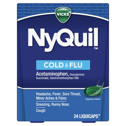 Vicks NyQuil Cold & Flu Relief Over-the-Counter Medicine, Powerful Multi-Symptom Nighttime Relief for Headache, Fever, Sore Throat, Minor Aches and Pains, Sneezing, Runny Nose, and Cough, 24 Liquicaps