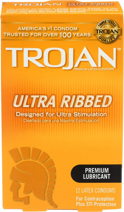 Trojan Condom Stimulations Ultra Ribbed Lubricated 12 Pc - 2 Packs