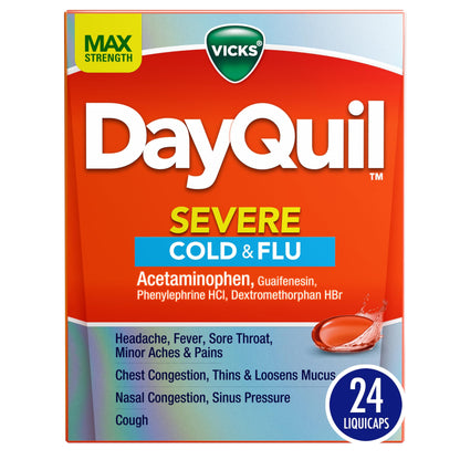 Vicks DayQuil Severe Cold, Flu & Congestion Medicine, Liquicaps, Maximum Strength Orange, 24 Count