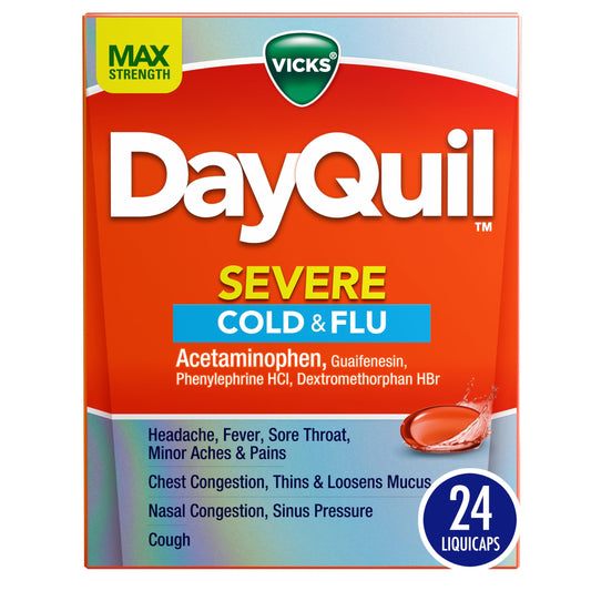 Vicks DayQuil Severe Cold, Flu & Congestion Medicine, Liquicaps, Maximum Strength Orange, 24 Count