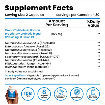 Ombre Metabolic Booster Probiotic - Supports Metabolism, Healthy Weight Management & Digestion - Energy & Gut Health Supplement for Women and Men - 10 Billion CFU, Prebiotic Fiber, Vegan, 30 Servings