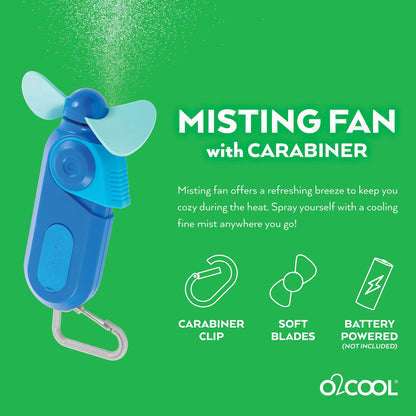 O2COOL Personal Mini Misting Fan - Portable Battery Operated Handheld Cooling Accessory with Fine Mist Spray for Outdoor, Beach, Camping - Convenient Carabiner Clip for Easy Travel