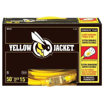 Yellow Jacket Extra Heavy Duty Extension Cord, 50Ft, 10 Gauge, 3 Conductor, Lighted End, STJW, Yellow, 2805