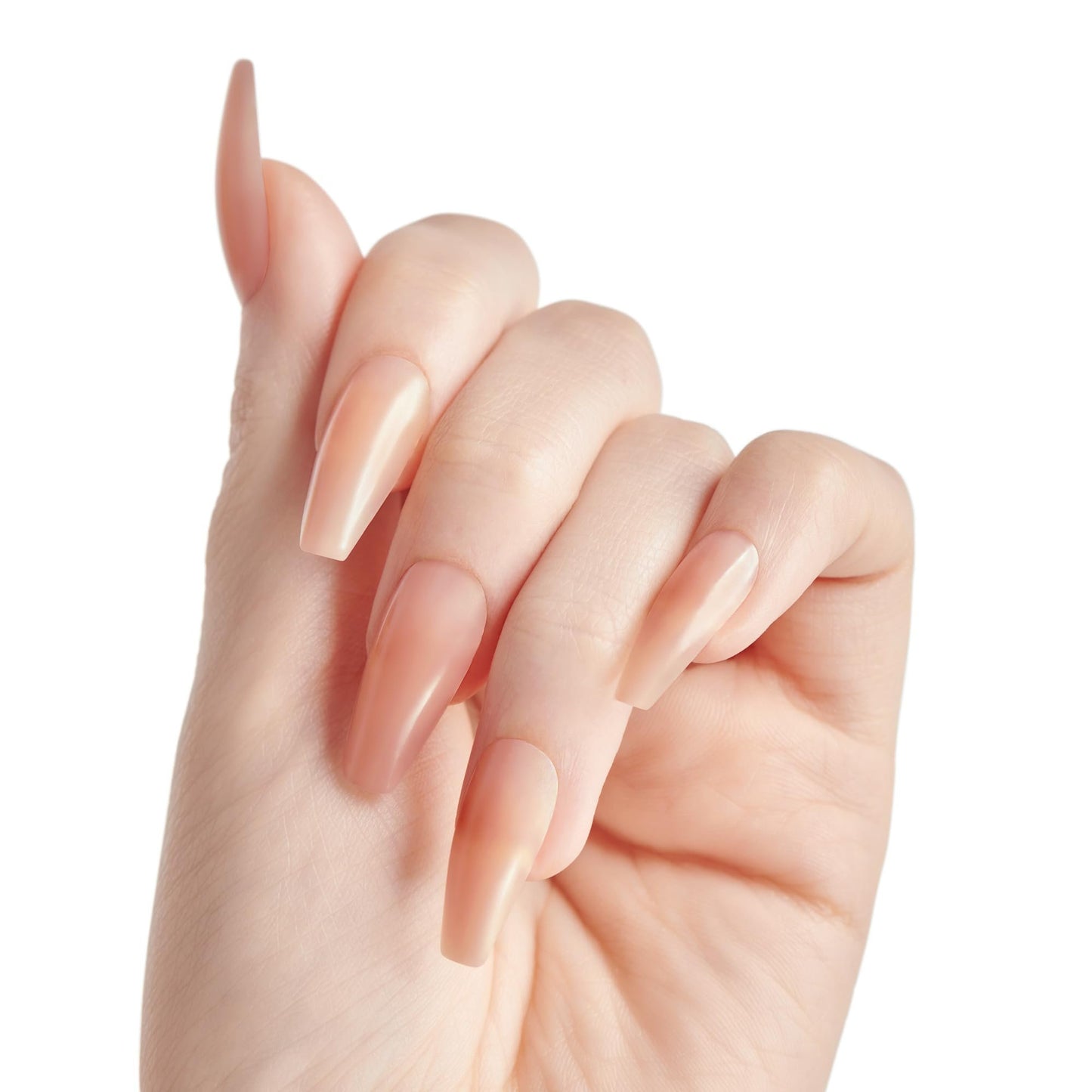 KISS Bare but Better, Press On Nails, Nail glue included, 'Nude Drama', Color, Long Size, Coffin Shape, Includes 28 fake nails, pink gel nail glue (net wt. 2g / .7 oz.), mini file, and manicure stick.