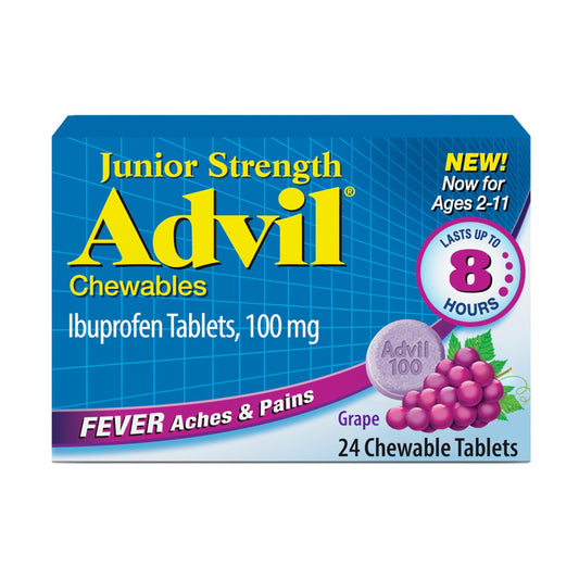 Advil Junior Strength Chewable Ibuprofen Pain Reliever and Fever Reducer, Children's Ibuprofen for Pain Relief, Grape - 24 Tablets