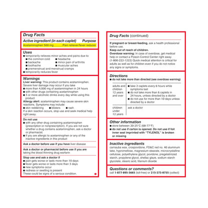 Tylenol Extra Strength Pain Reliever and Fever Reducer Caplets, 500 mg Acetaminophen Pain Relief Pills for Headache, Backache