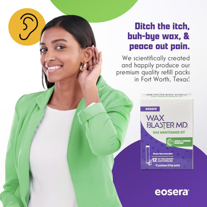eosera® Wax Blaster MD® Refill Pack - 12 Ear Clean MD® Packets & 6 Wax Blaster MD® Safety Tips - Gentle Ear Wax Removal Solution - Weekly Ear Cleaning & Moisturizing System