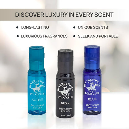 Beverly Hills Polo Club Men's Body Spray Collection Gift Set Featuring Luxury Designer Cologne Scents for Long Lasting Freshness BHPC 3 oz 3 Count