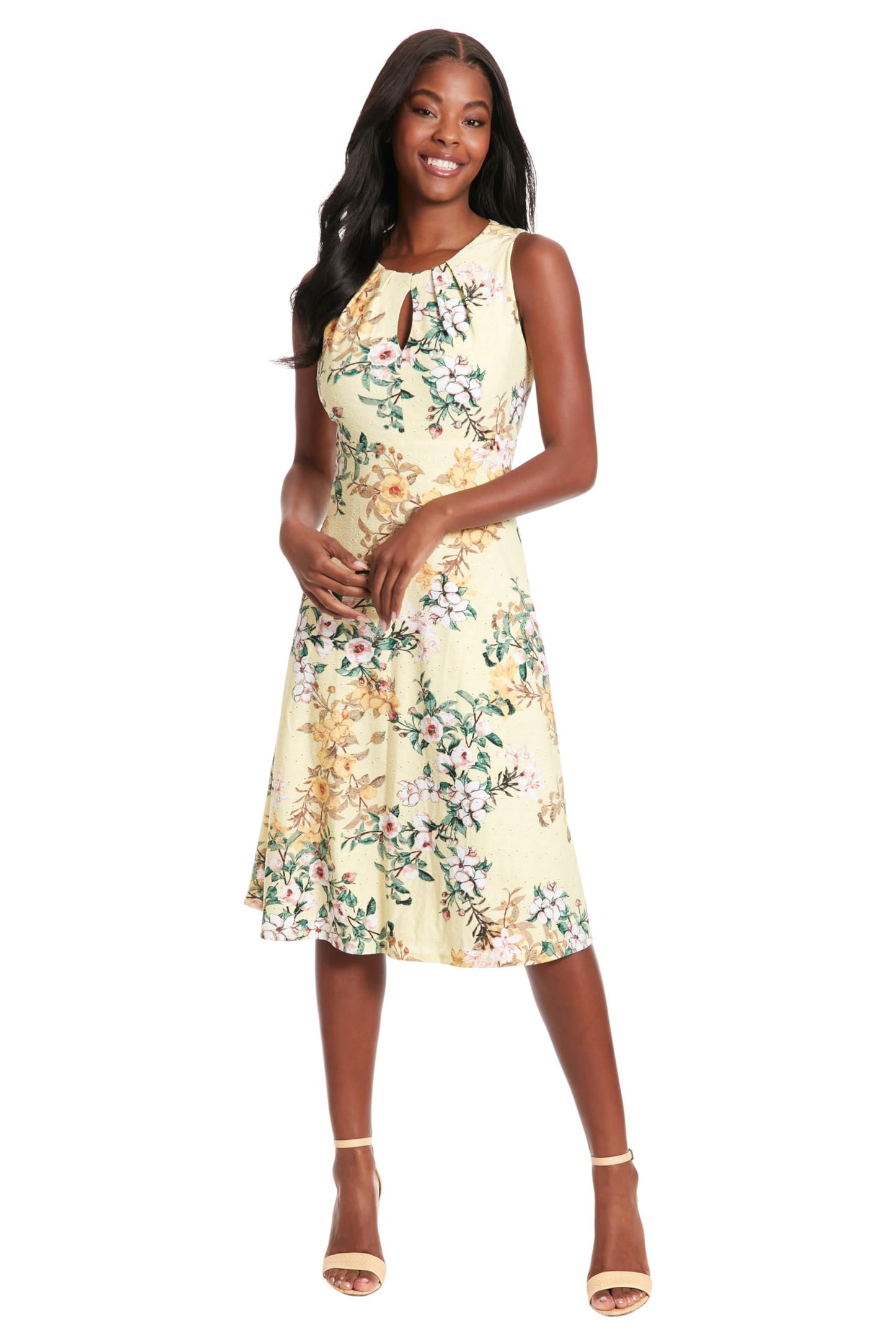 London Times Women's Dresses Printed Sleeveless Versatile Empire A-Line Keyhole Neckline Midi Dress