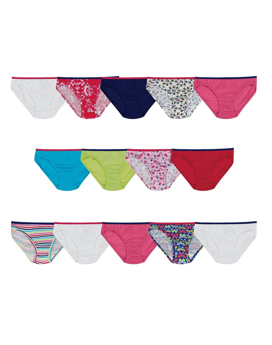 Hanes Girls 14-Pack Tagless Assorted Prints & Solids No Ride Up Bikinis