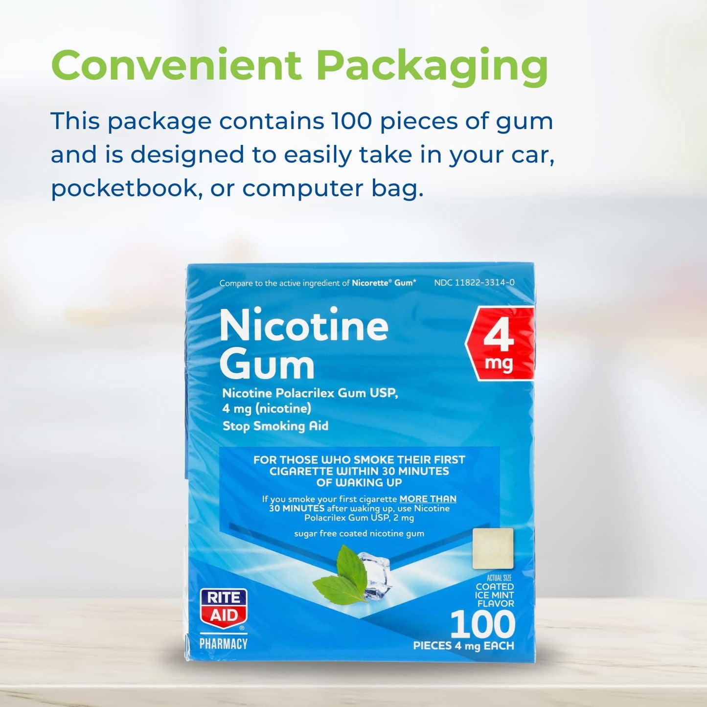 Rite Aid Nicotine Gum, Ice Mint Flavor, 4 mg - 100 Count | Quit Smoking Aid | Nicotine Replacement Gum | Stop Smoking Aids That Work | Chewing Gum to Help You Quit Smoking | Coated Nicotine Gum