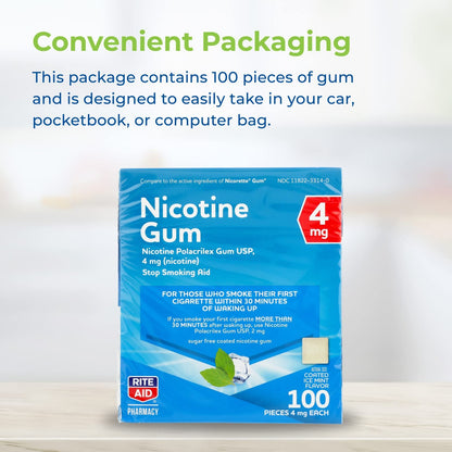 Rite Aid Nicotine Gum, Ice Mint Flavor, 4 mg - 100 Count | Quit Smoking Aid | Nicotine Replacement Gum | Stop Smoking Aids That Work | Chewing Gum to Help You Quit Smoking | Coated Nicotine Gum