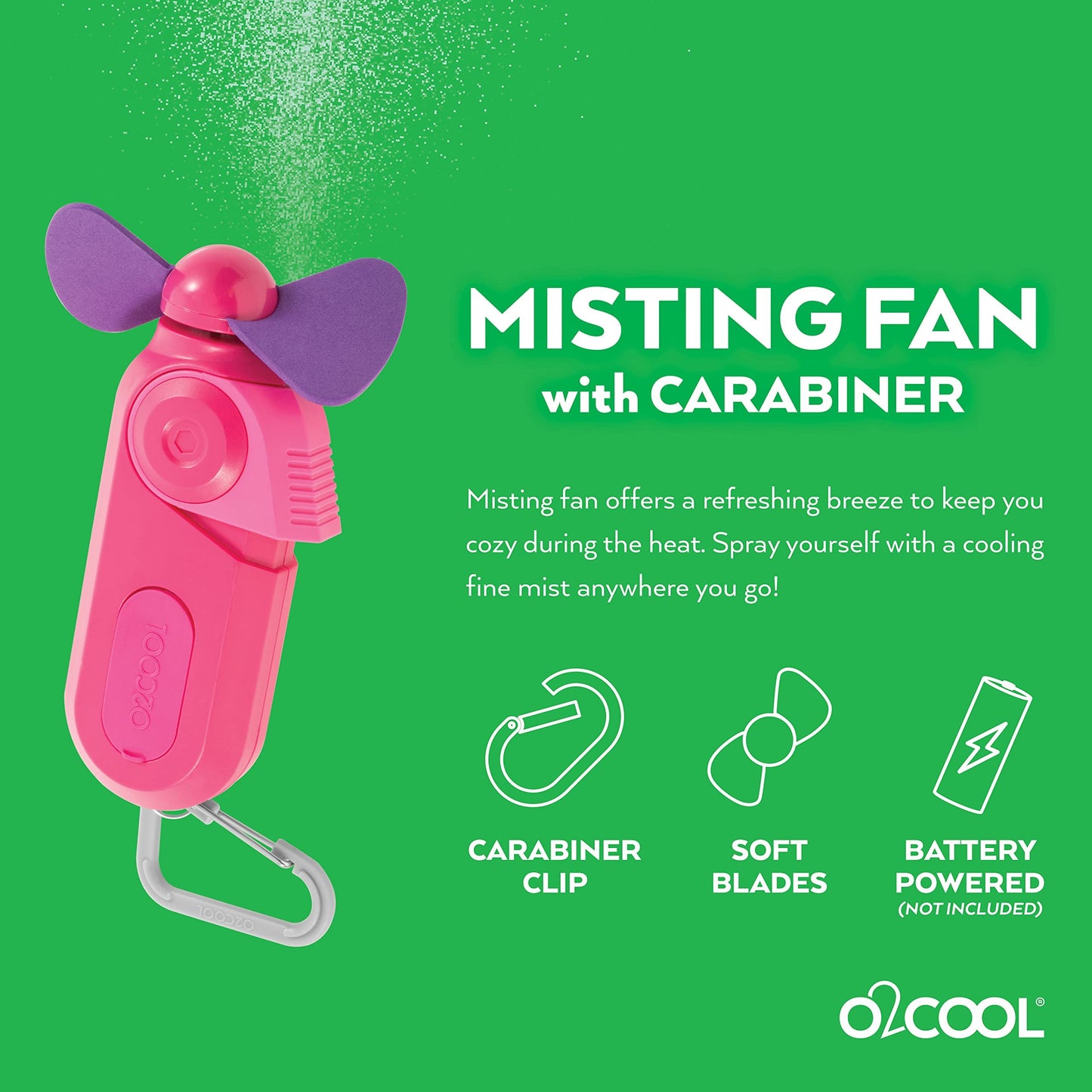 O2COOL Personal Mini Misting Fan - Portable Battery Operated Handheld Cooling Accessory with Fine Mist Spray for Outdoor, Beach, Camping - Convenient Carabiner Clip for Easy Travel