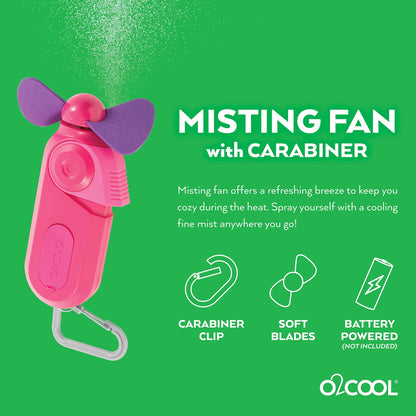 O2COOL Personal Mini Misting Fan - Portable Battery Operated Handheld Cooling Accessory with Fine Mist Spray for Outdoor, Beach, Camping - Convenient Carabiner Clip for Easy Travel