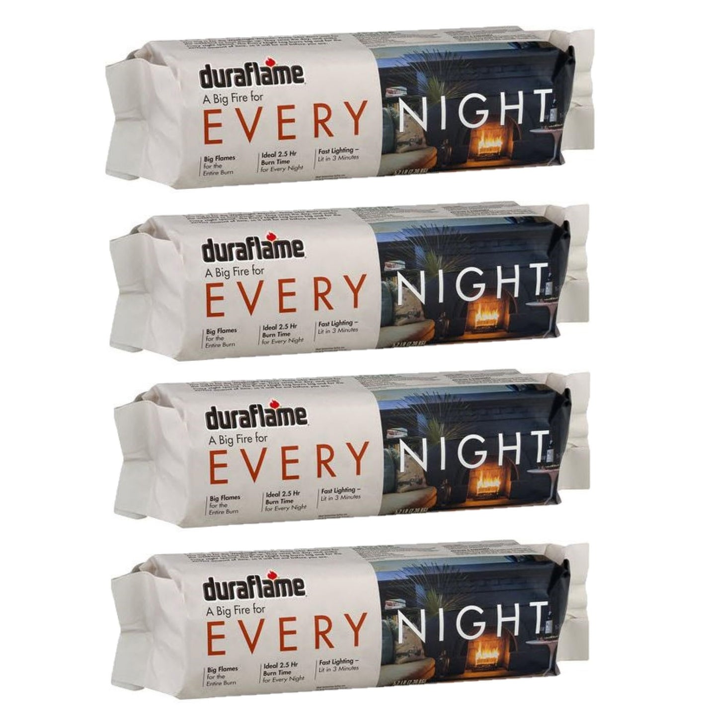 Duraflame Every Night Firelogs, 5.2lb (Pack of 4) - 2.5 Hour Burn Time, Larger and Brighter Flames, Use for Indoor Fireplaces, Fire Pits, or Campfires, 1