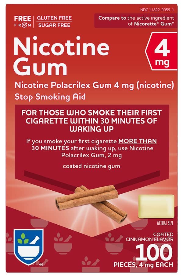 Rite Aid Nicotine Gum, 4 mg, Cinnamon Flavor - 100 Pieces | Quit Smoking Aid | Nicotine Replacement Gum | Stop Smoking Aids That Work | Chewing Gum to Help You Quit Smoking | Coated Nicotine Gum