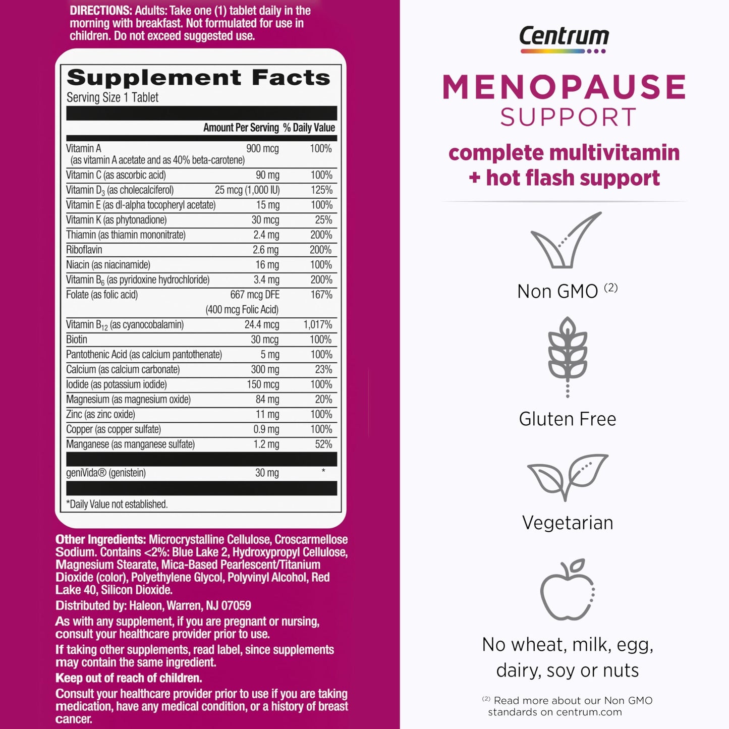 Centrum Complete Multivitamin Supplement + Hot Flash Support Menopause Support Tablets, with Clinically Studied geniVida, 30 Count