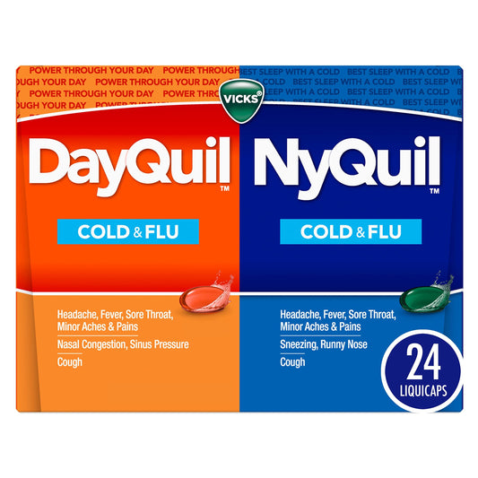 Vicks DayQuil and NyQuil Combo Pack, Cold & Flu Medicine, Powerful Multi-Symptom Daytime and Nighttime Relief for Headache, Fever, Sore Throat, Cough, 24 Count, 16 DayQuil, 8 NyQuil Liquicaps