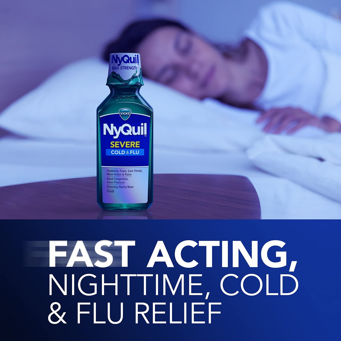 Vicks NyQuil Severe Cold and Flu Relief Liquid Medicine, Maximum Strength, 9-Symptom Nighttime Relief for Headache, Fever, Sore Throat, Nasal Congestion, Sinus Pressure, Runny Nose, Cough, 8 FL OZ
