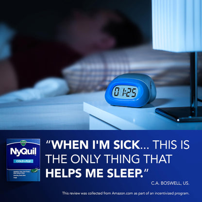 Vicks NyQuil Cold & Flu Relief Over-the-Counter Medicine, Powerful Multi-Symptom Nighttime Relief for Headache, Fever, Sore Throat, Minor Aches and Pains, Sneezing, Runny Nose, and Cough, 24 Liquicaps