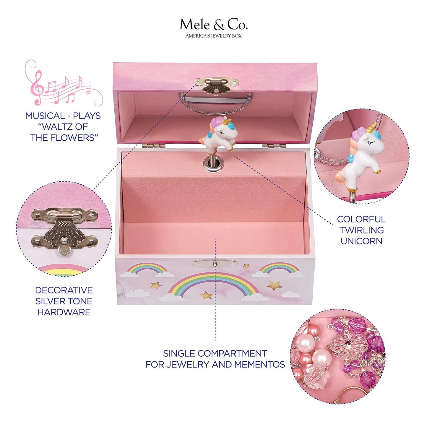 Mele & Co. Since 1912 Skylar Original Twirling Unicorn Rainbow Ballerina Dancer Pink Painted Musical First Jewelry Box for Girls