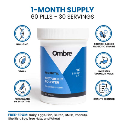 Ombre Metabolic Booster Probiotic - Supports Metabolism, Healthy Weight Management & Digestion - Energy & Gut Health Supplement for Women and Men - 10 Billion CFU, Prebiotic Fiber, Vegan, 30 Servings